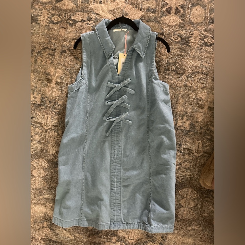 Entro Sleeveless Denim Blue Dress with Bow Details